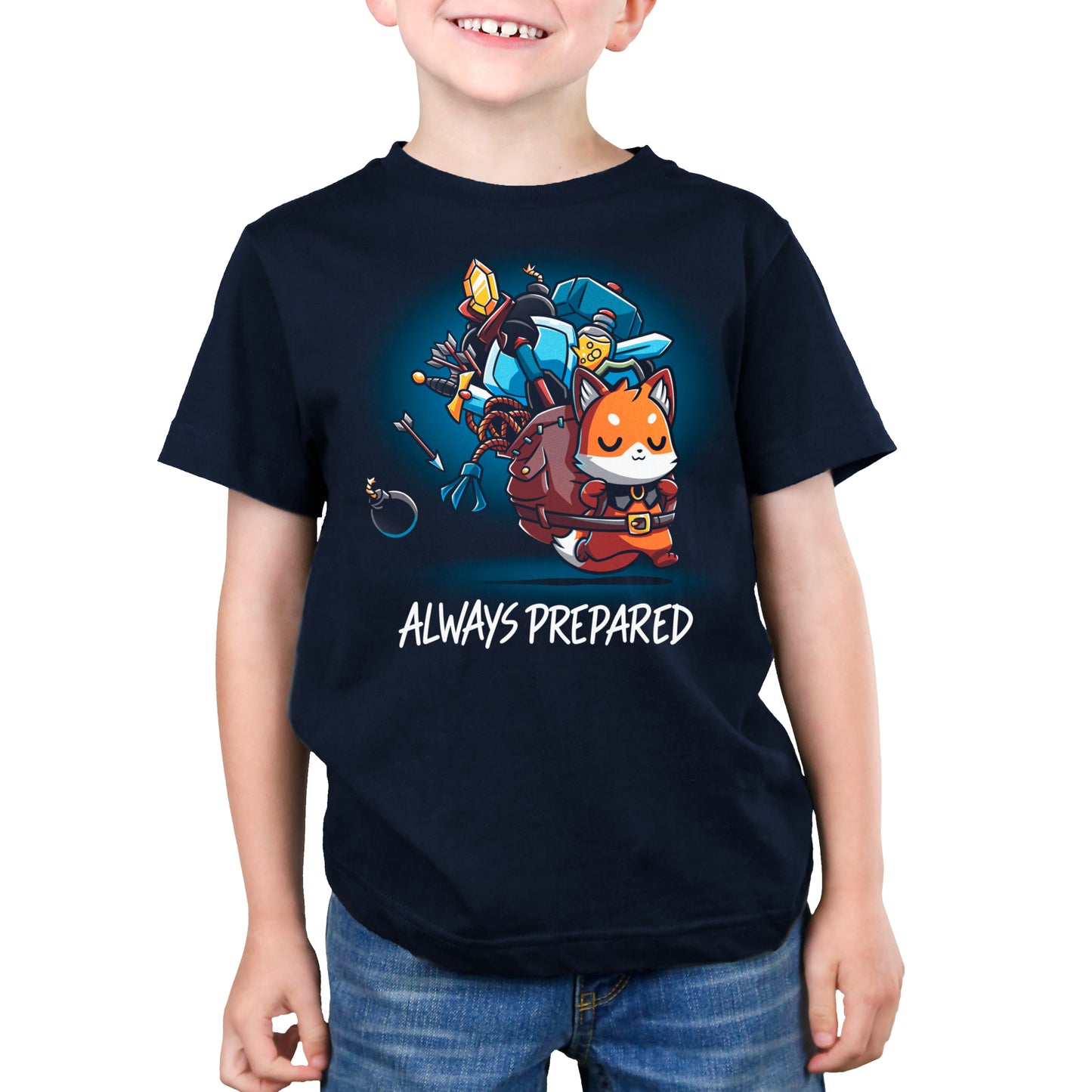 A boy wearing a Navy Blue t-shirt that says TeeTurtle.