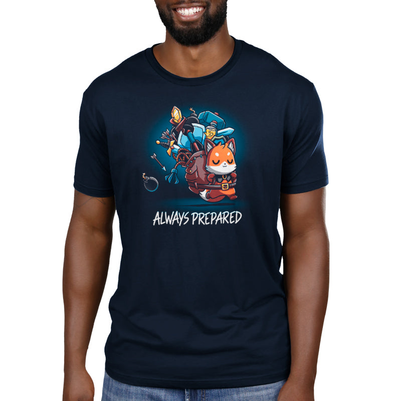 A man wearing a navy blue t-shirt that says TeeTurtle's Always Prepared.
