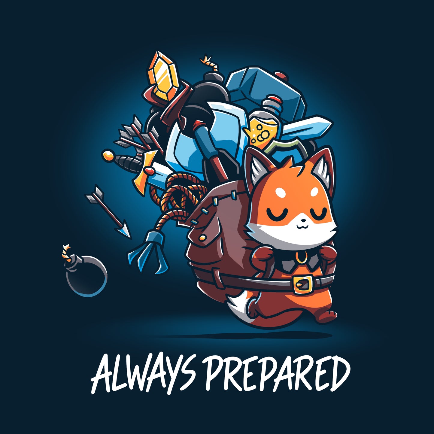 An Always Prepared TeeTurtle cartoon fox with a sword and other items on his back.
