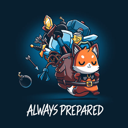 An Always Prepared TeeTurtle cartoon fox with a sword and other items on his back.
