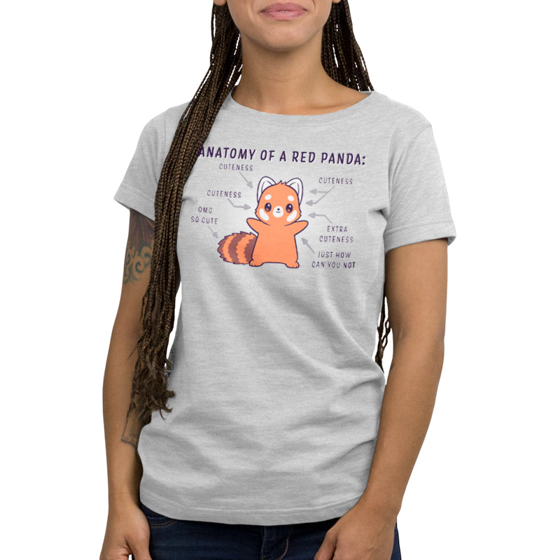 A woman wearing a TeeTurtle science-themed t-shirt featuring the Anatomy of a Red Panda.