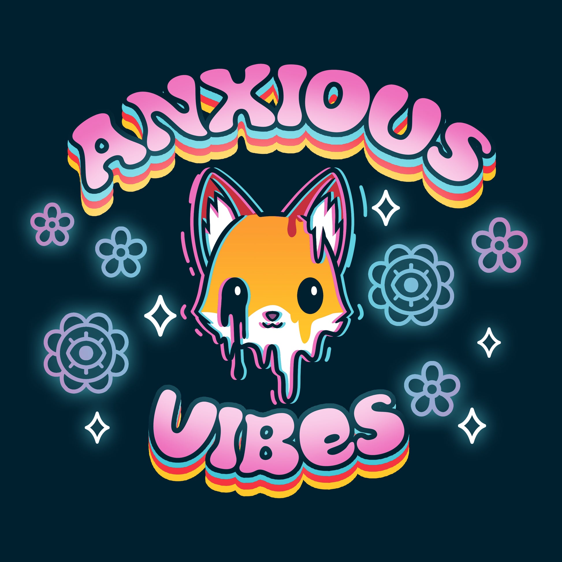 An image of a fox with Anxious Vibes on a TeeTurtle t-shirt.