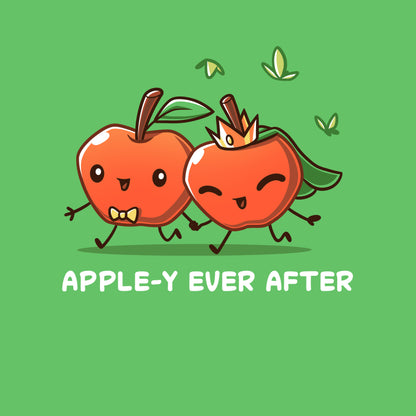 Premium Cotton T-shirt - Two animated apples with happy faces holding hands, one wearing a bow tie and the other a crown and veil, on an Apple Green apparel made from 100% Super Soft Ringspun Cotton. The text "APPLE-Y EVER AFTER" is displayed below. Introducing *Apple-y Ever After* by *monsterdigital*.