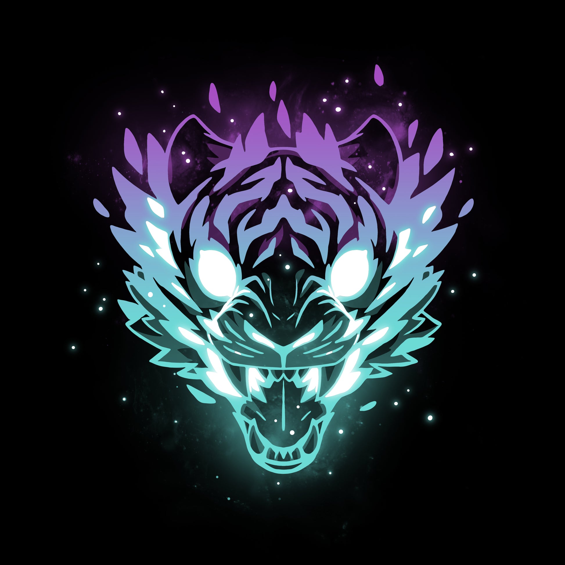 An Astral Roar T-shirt by TeeTurtle featuring an image of a tiger with glowing eyes.