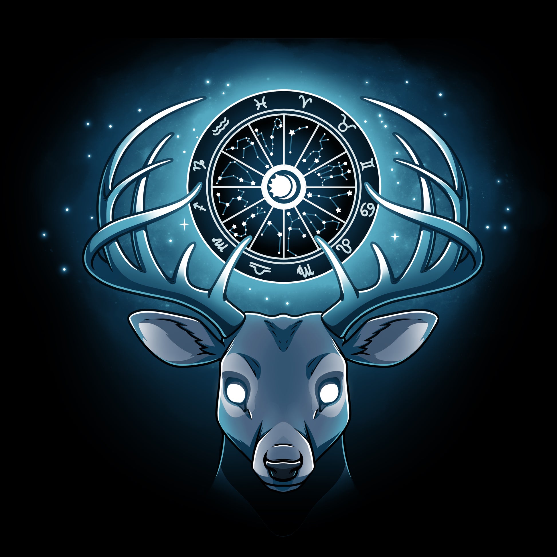 An Astrological Stag T-shirt featuring a deer head adorned with a compass and stars, made with comfortable ringspun fabric by TeeTurtle.