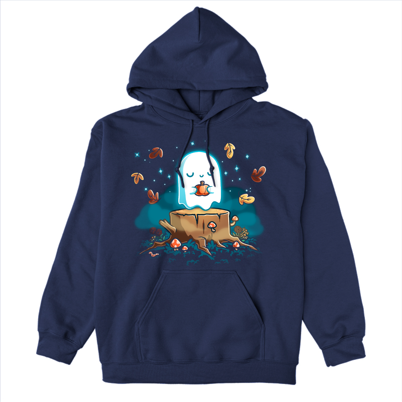 Pullover Hoodie_TeeTurtle navy Autumn Apparition Pullover Hoodie featuring a glowing ghost peacefully holding a pumpkin while floating above a tree stump surrounded by mushrooms, wildflowers, falling autumn leaves, and twinkling stars in a whimsical nighttime forest.