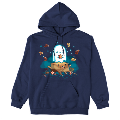 Pullover Hoodie_TeeTurtle navy Autumn Apparition Pullover Hoodie featuring a glowing ghost peacefully holding a pumpkin while floating above a tree stump surrounded by mushrooms, wildflowers, falling autumn leaves, and twinkling stars in a whimsical nighttime forest.