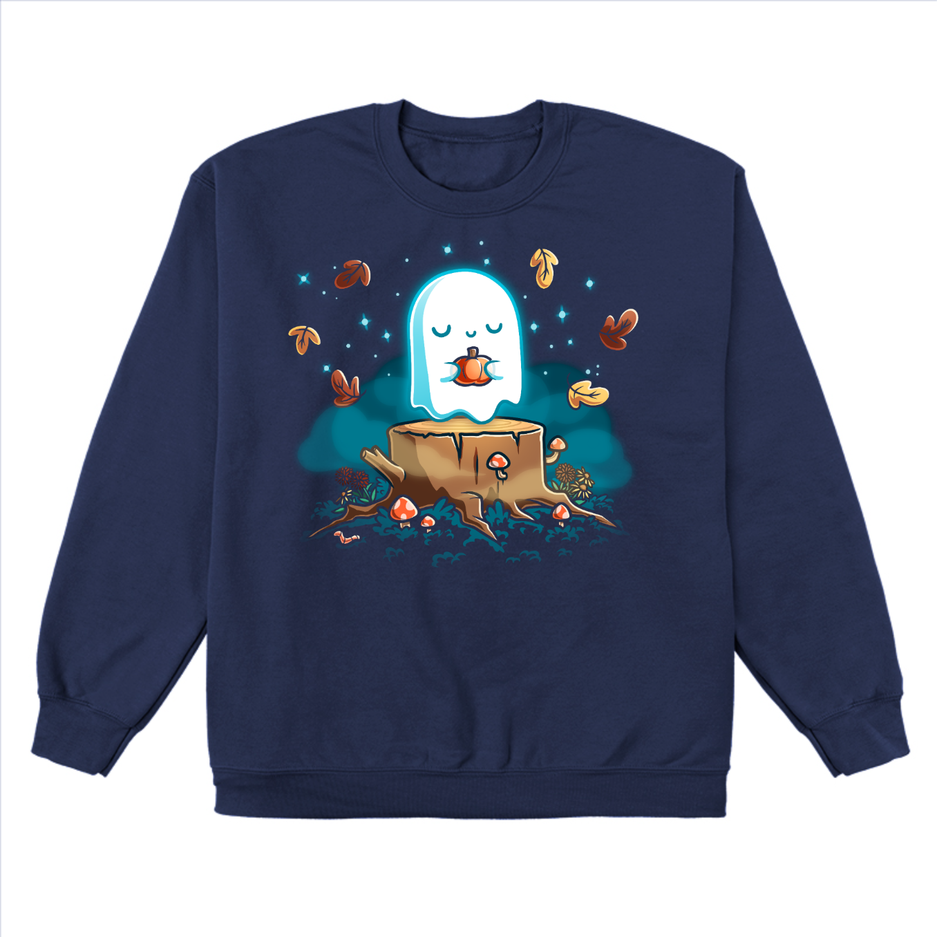 Crew Neck Sweatshirt_TeeTurtle navy Autumn Apparition Crew Neck Sweatshirt featuring a glowing ghost peacefully holding a pumpkin while floating above a tree stump surrounded by mushrooms, wildflowers, falling autumn leaves, and twinkling stars in a whimsical nighttime forest.