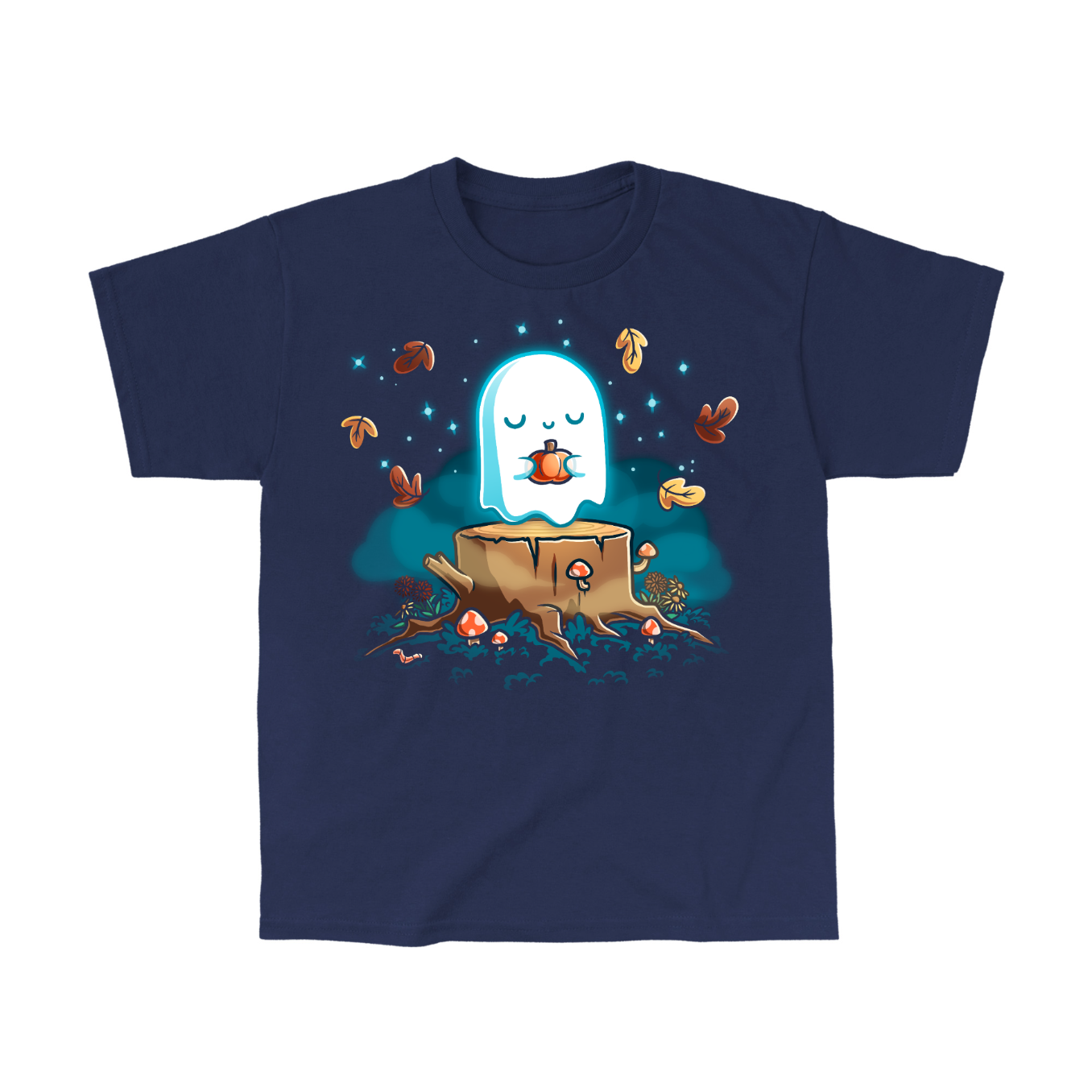 Classic Cotton T-shirt_TeeTurtle navy Autumn Apparition Classic Cotton T-shirt featuring a glowing ghost peacefully holding a pumpkin while floating above a tree stump surrounded by mushrooms, wildflowers, falling autumn leaves, and twinkling stars in a whimsical nighttime forest.