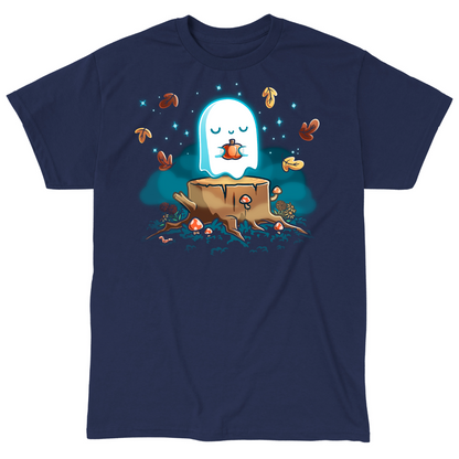 Classic Cotton T-shirt_TeeTurtle navy Autumn Apparition Classic Cotton T-shirt featuring a glowing ghost peacefully holding a pumpkin while floating above a tree stump surrounded by mushrooms, wildflowers, falling autumn leaves, and twinkling stars in a whimsical nighttime forest.