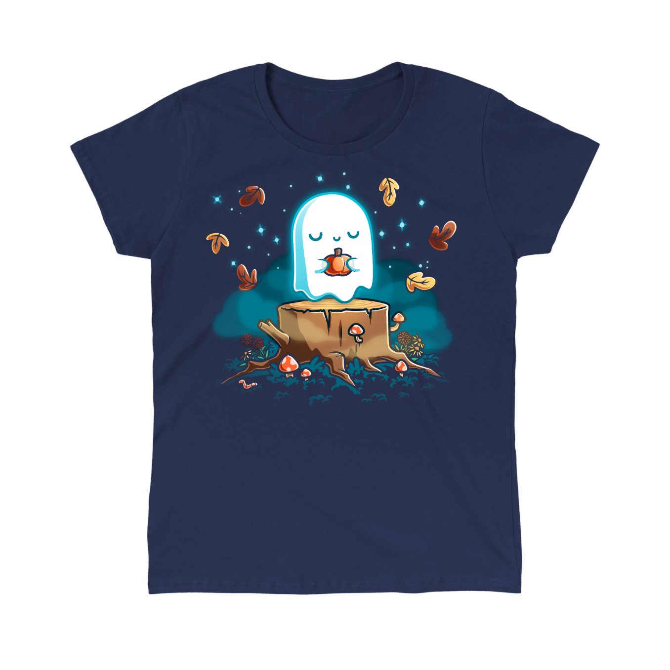 Classic Cotton T-shirt_TeeTurtle navy Autumn Apparition Classic Cotton T-shirt featuring a glowing ghost peacefully holding a pumpkin while floating above a tree stump surrounded by mushrooms, wildflowers, falling autumn leaves, and twinkling stars in a whimsical nighttime forest.
