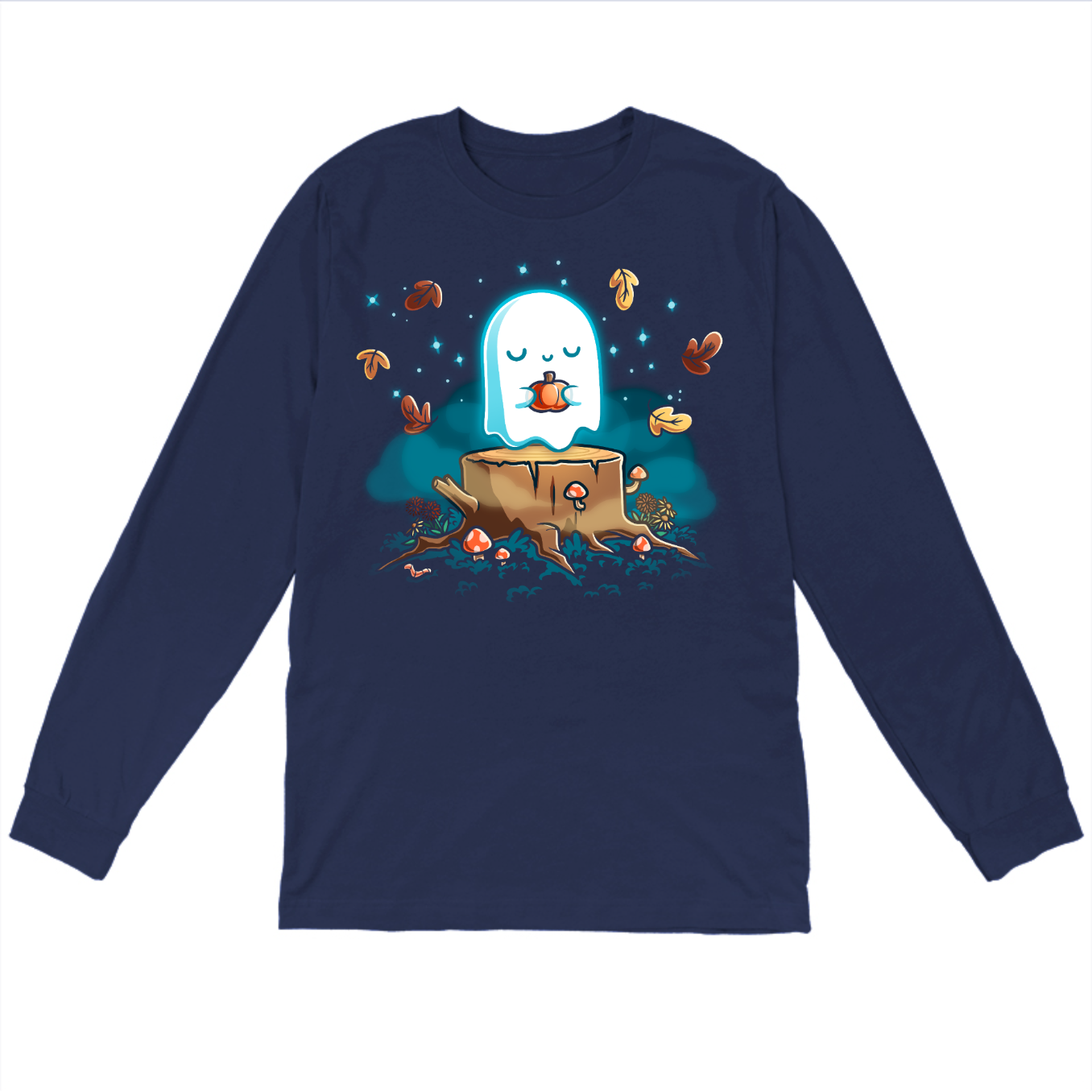 Long Sleeve T-shirt_TeeTurtle navy Autumn Apparition Long Sleeve T-shirt featuring a glowing ghost peacefully holding a pumpkin while floating above a tree stump surrounded by mushrooms, wildflowers, falling autumn leaves, and twinkling stars in a whimsical nighttime forest.