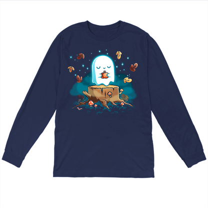 Long Sleeve T-shirt_TeeTurtle navy Autumn Apparition Long Sleeve T-shirt featuring a glowing ghost peacefully holding a pumpkin while floating above a tree stump surrounded by mushrooms, wildflowers, falling autumn leaves, and twinkling stars in a whimsical nighttime forest.