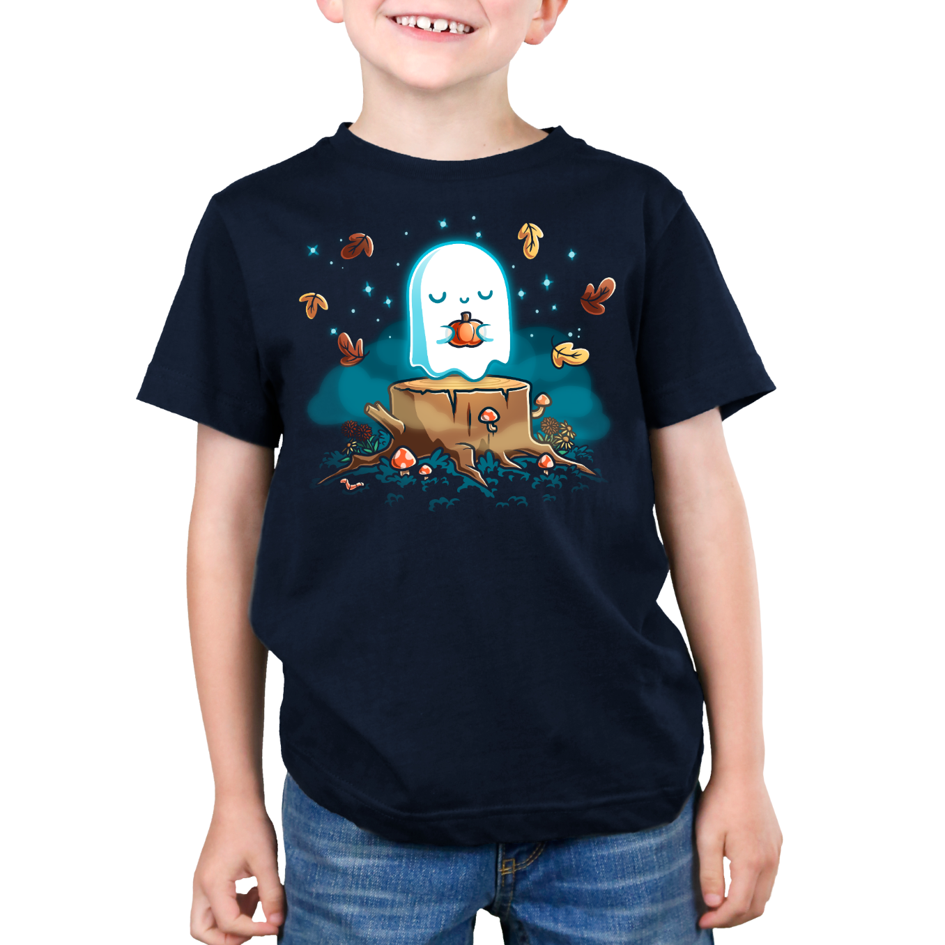 Premium Cotton T-shirt_TeeTurtle navy Autumn Apparition Premium Cotton T-shirt featuring a glowing ghost peacefully holding a pumpkin while floating above a tree stump surrounded by mushrooms, wildflowers, falling autumn leaves, and twinkling stars in a whimsical nighttime forest.