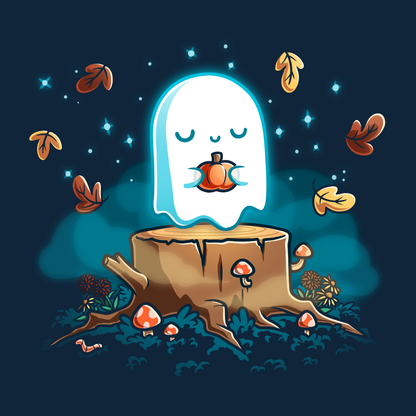 Classic Cotton T-shirt_TeeTurtle navy Autumn Apparition Classic Cotton T-shirt featuring a glowing ghost peacefully holding a pumpkin while floating above a tree stump surrounded by mushrooms, wildflowers, falling autumn leaves, and twinkling stars in a whimsical nighttime forest.
