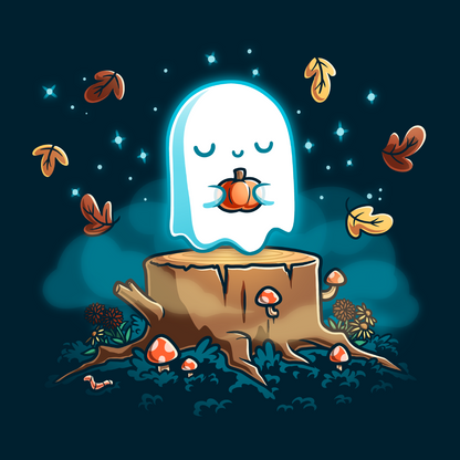Premium Cotton T-shirt_TeeTurtle navy Autumn Apparition Premium Cotton T-shirt featuring a glowing ghost peacefully holding a pumpkin while floating above a tree stump surrounded by mushrooms, wildflowers, falling autumn leaves, and twinkling stars in a whimsical nighttime forest.