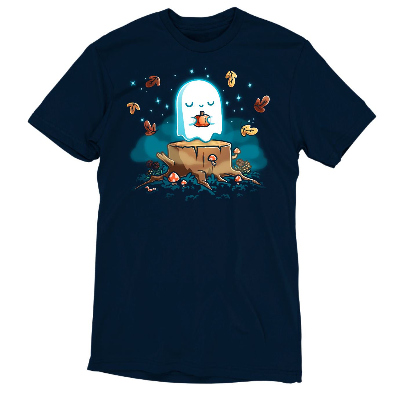 Premium Cotton T-shirt_TeeTurtle navy Autumn Apparition Premium Cotton T-shirt featuring a glowing ghost peacefully holding a pumpkin while floating above a tree stump surrounded by mushrooms, wildflowers, falling autumn leaves, and twinkling stars in a whimsical nighttime forest.