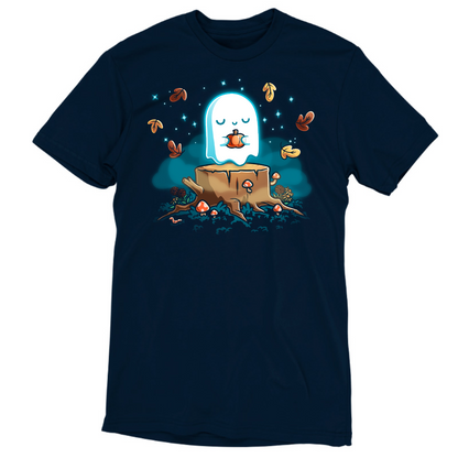 Premium Cotton T-shirt_TeeTurtle navy Autumn Apparition Premium Cotton T-shirt featuring a glowing ghost peacefully holding a pumpkin while floating above a tree stump surrounded by mushrooms, wildflowers, falling autumn leaves, and twinkling stars in a whimsical nighttime forest.
