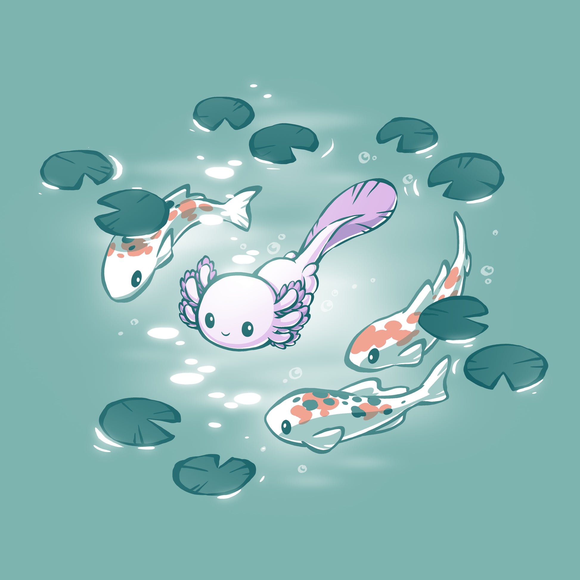 A Axolotl & Koi Friends fish swimming in a pond with lily pads, surrounded by its swimming buddies. The tranquil scene is depicted on a TeeTurtle Saltwater Green T-shirt.