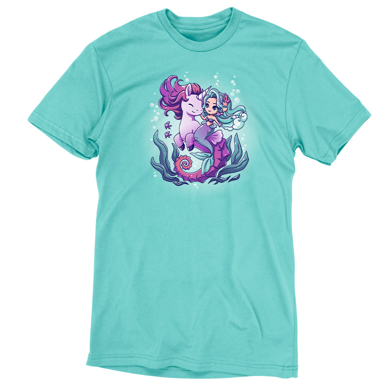 A beautiful turquoise TeeTurtle BFFs (Sea Unicorn and Mermaid) shirt, perfect for an undersea adventure.