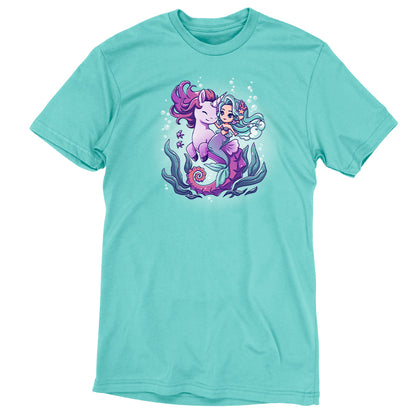 A beautiful turquoise TeeTurtle BFFs (Sea Unicorn and Mermaid) shirt, perfect for an undersea adventure.