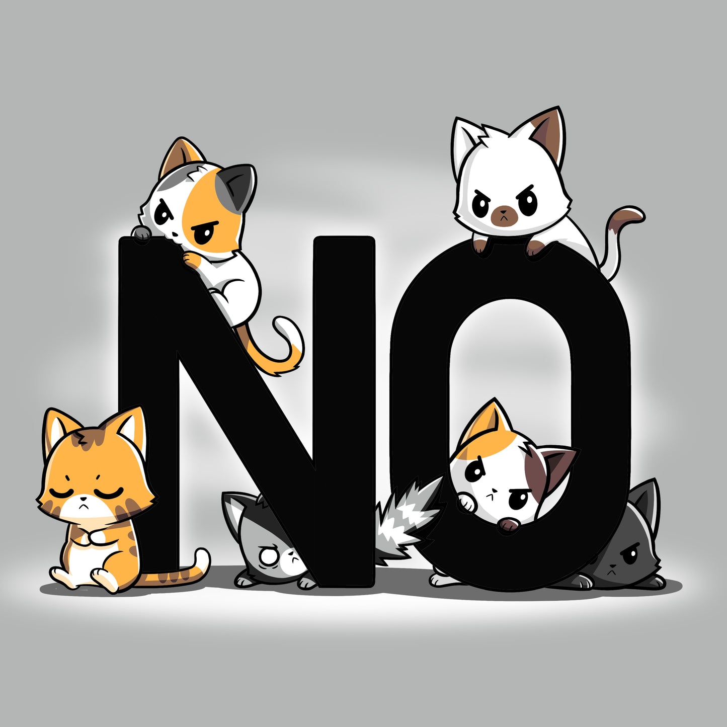 A group of grumpy cats sitting around a letter 'no' on a Bad Cattitude t-shirt from TeeTurtle.