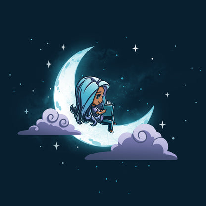 A girl with blue hair sitting on the moon reading a TeeTurtle Bedtime Story.