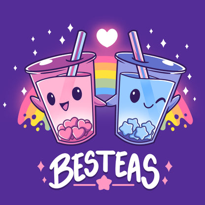 Premium Cotton T-shirt - Illustration of two bubble tea cups with happy faces, holding hands, and surrounded by stars, with a rainbow in the background. Text reads "Besteas". Perfect for a purple apparel made from super soft ringspun cotton by monsterdigital.