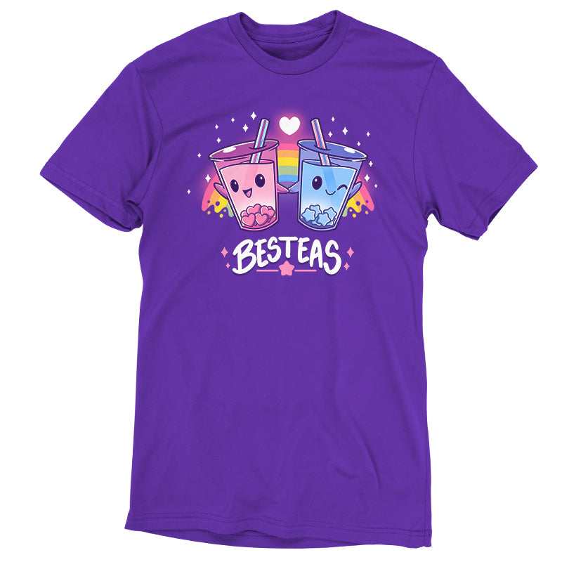 Premium Cotton T-shirt_TeeTurtle Besteas purple t-shirt featuring two bubble tea cups with happy faces, holding hands, and surrounded by stars, with a rainbow in the background.