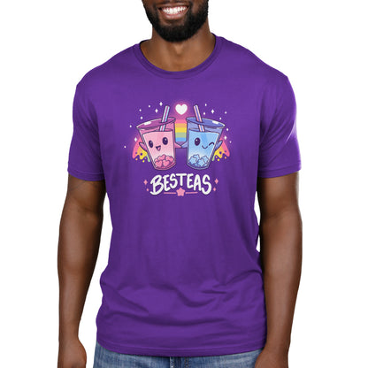 A man wearing a purple TeeTurtle T-shirt with the words Besteas on it.