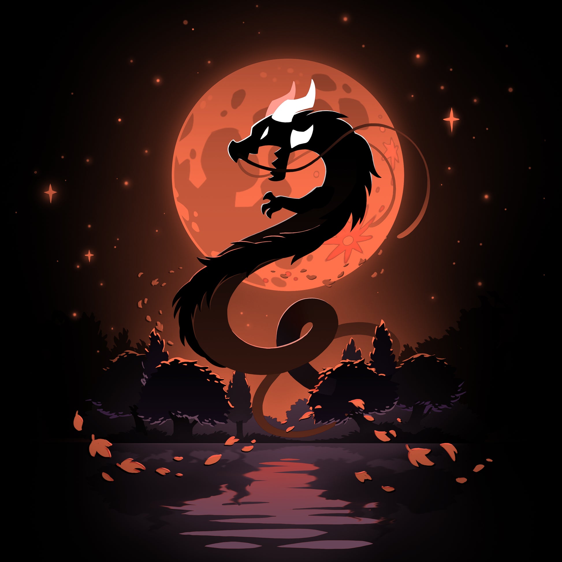 A T-shirt featuring a TeeTurtle Blood Moon Dragon in the moonlight.