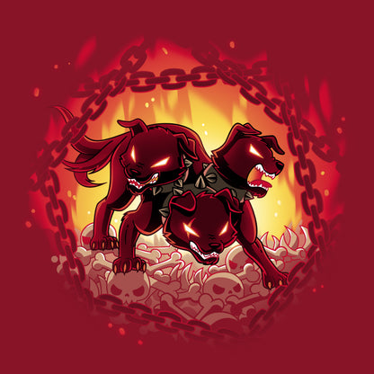 Two dogs, one resembling Bloodthirsty Cerberus, securely chained on a vibrant red background. These eye-catching images are perfect for TeeTurtle T-shirts made with luxurious Ringspun Cotton.