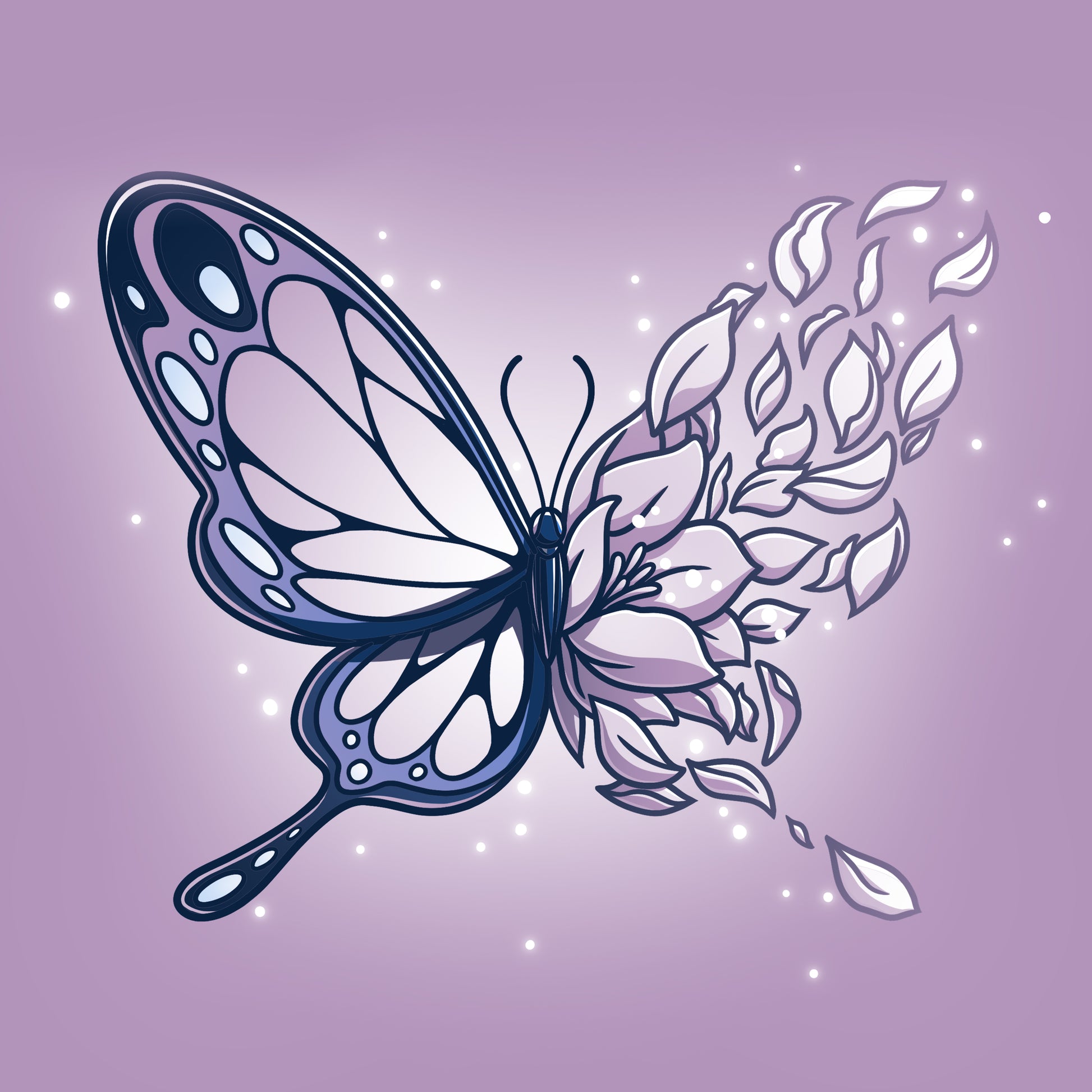 A Blooming Butterfly-inspired butterfly surrounded by flowers on a lavender t-shirt made from Ringspun Cotton, brought to you by TeeTurtle.
