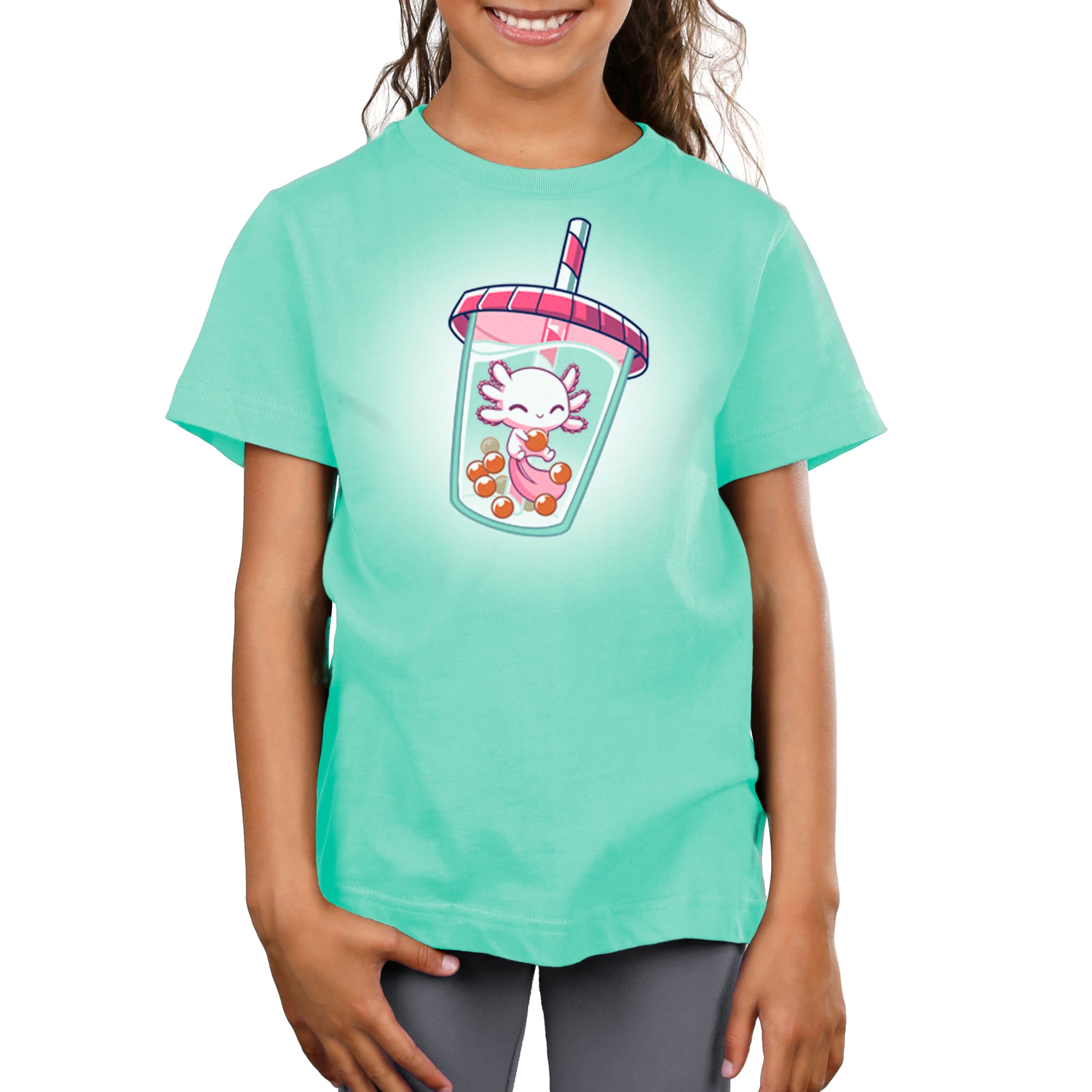 A girl wearing a TeeTurtle Boba Axolotl t-shirt.