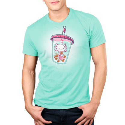 A man wearing a TeeTurtle Boba Axolotl t-shirt with a cat in a cup.