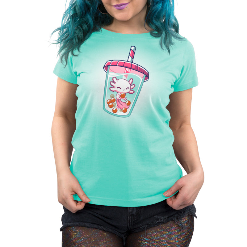 A woman wearing a TeeTurtle Boba Axolotl t-shirt with a cat in a cup.