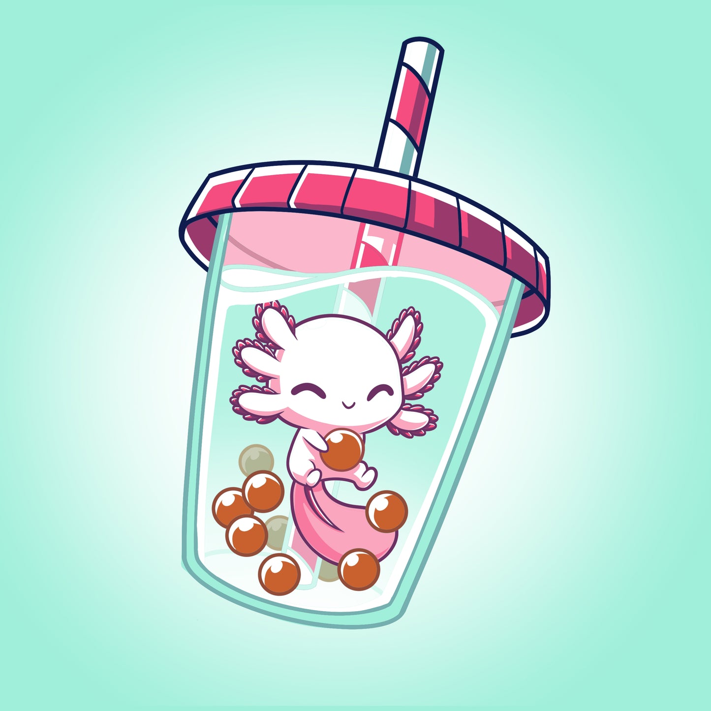 A cute little TeeTurtle Axolotl swimming in a cup with TeeTurtle Boba Axolotl in it.