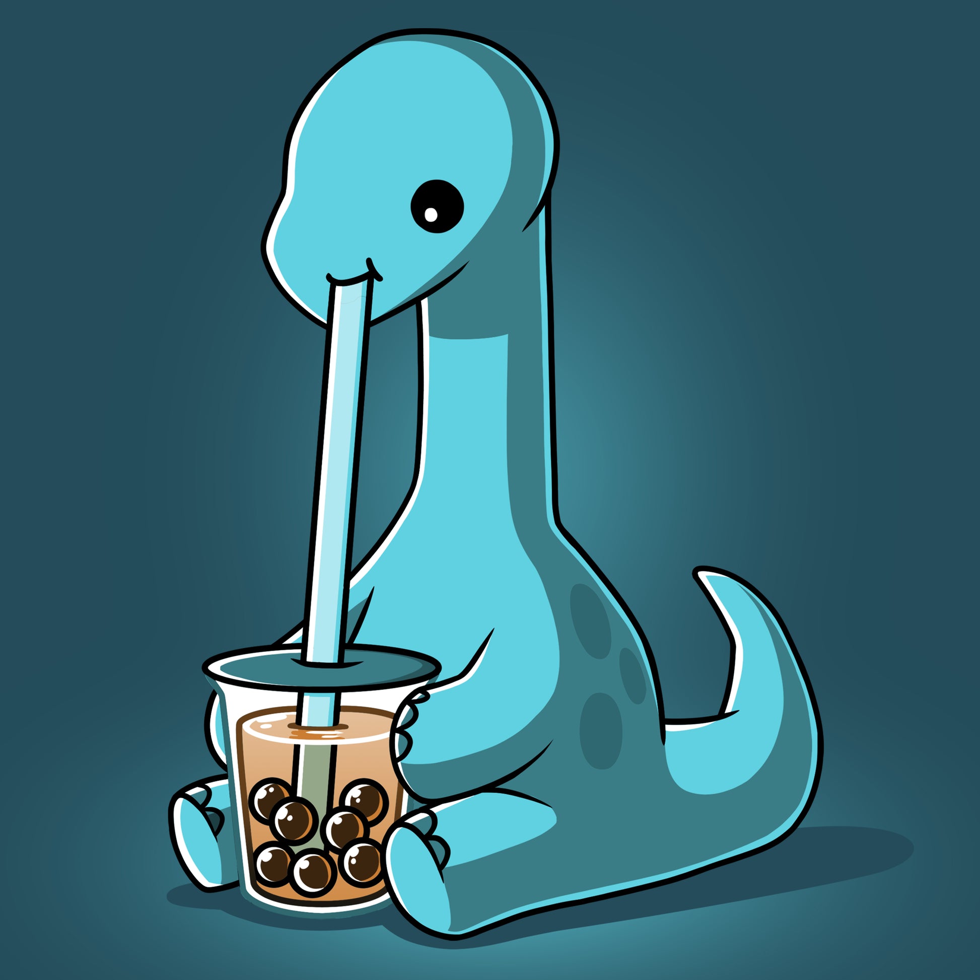 A Boba Dinosaur-wearing TeeTurtle cartoon dinosaur sips coffee from a straw.