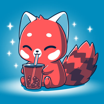 Premium Cotton T-shirt_TeeTurtle cobalt blue Boba Red Panda apparel featuring a cute red panda cartoon sitting and happily drinking bubble tea with a straw.