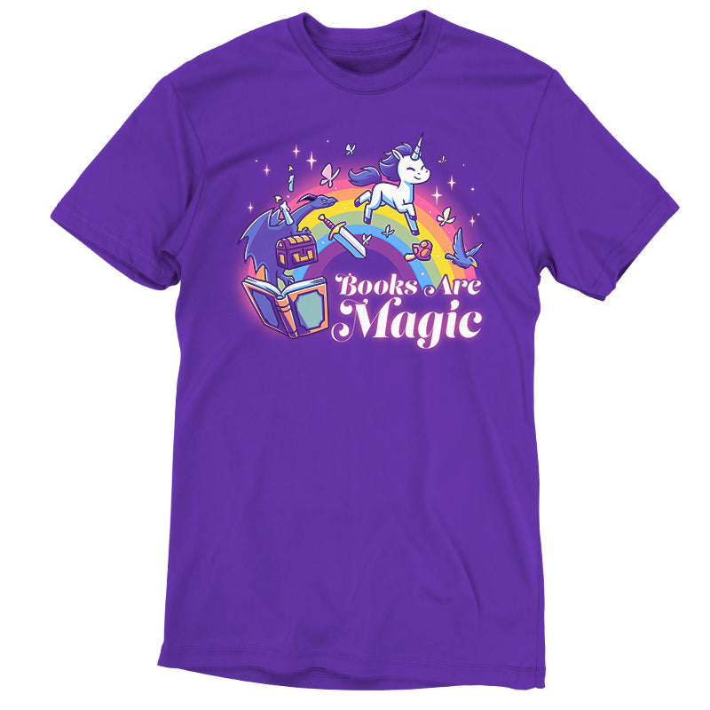 A purple t-shirt that says "Books Are Magic (Unicorn)" TeeTurtle is a magic.