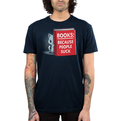 A man wearing a TeeTurtle t-shirt that says "Books Because People Suck.