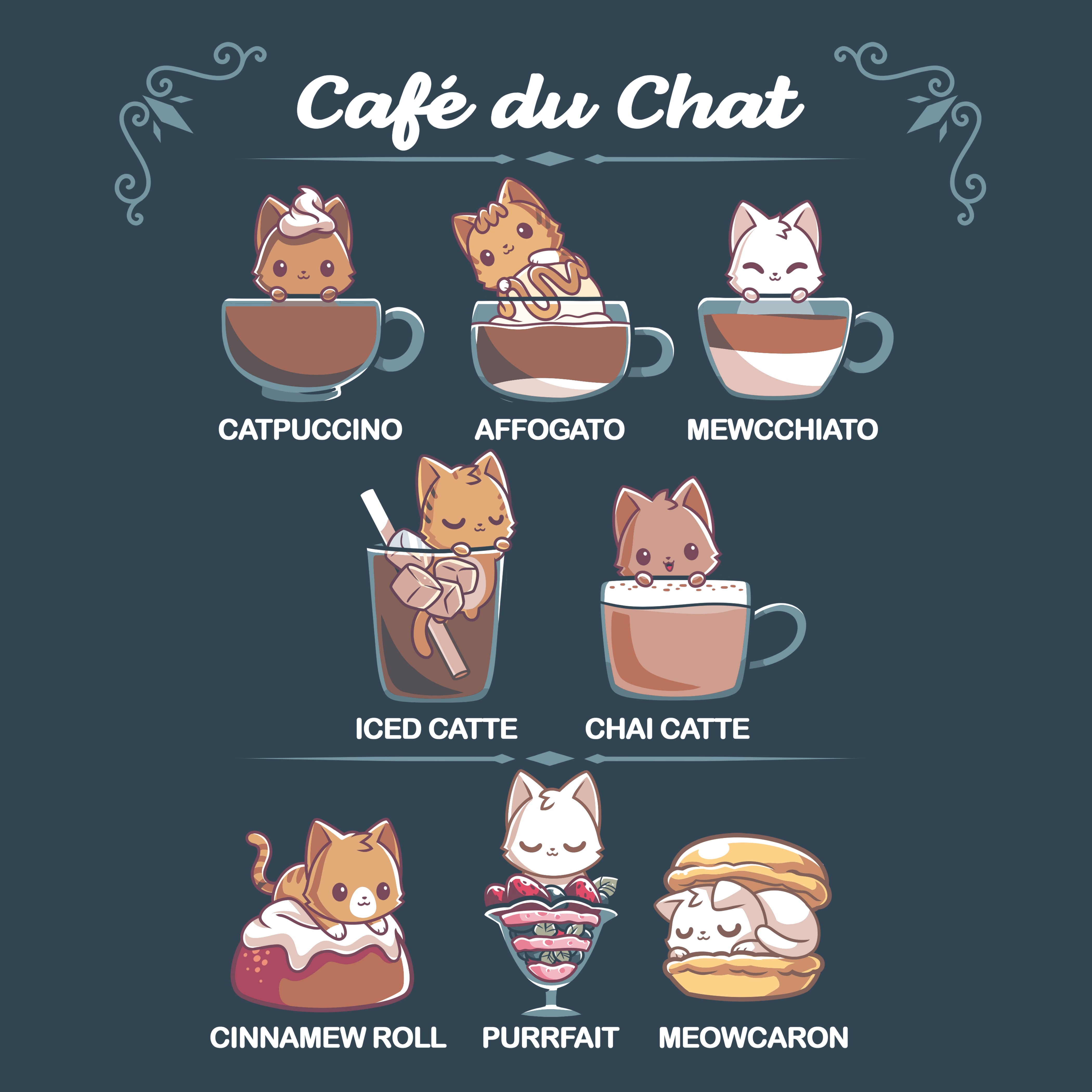 Premium Cotton T-shirt_TeeTurtle Cafè Du Chat denim blue t-shirt featuring a menu titled 