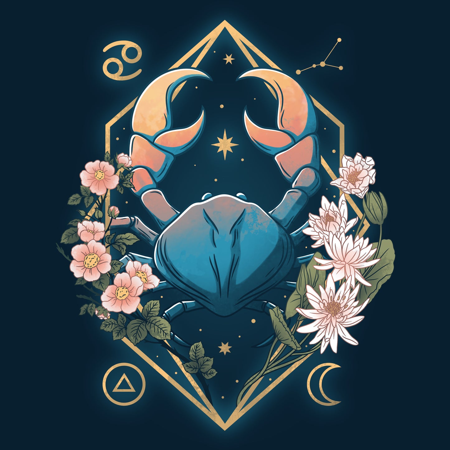 Navy blue Cancer Zodiac T-shirt featuring a crab, flowers, and stars representing the Cancer zodiac sign by TeeTurtle.