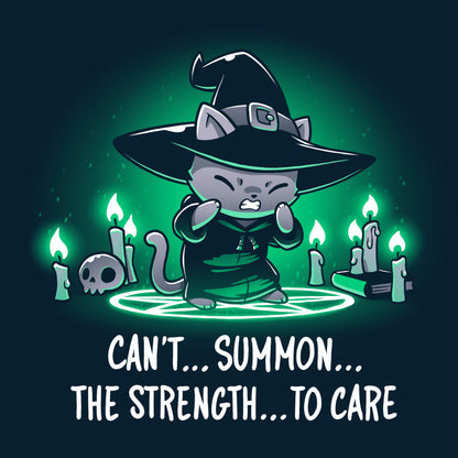 Casual fit navy blue t-shirt made from ringspun cotton, called "Can't Summon The Strength To Care" by TeeTurtle.