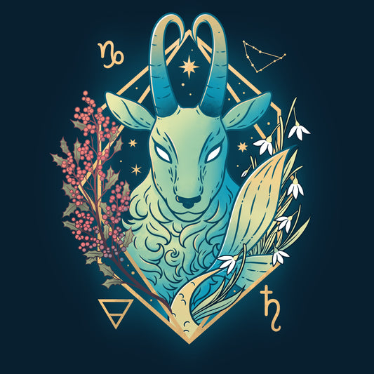A navy blue t-shirt featuring a Capricorn Zodiac goat with horns and flowers on a dark background by TeeTurtle.