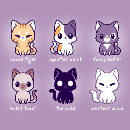 A group of Cat Names wearing lavender T-shirts made of Ringspun Cotton from TeeTurtle.
