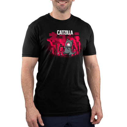 A man wearing a Catzilla t-shirt by TeeTurtle.