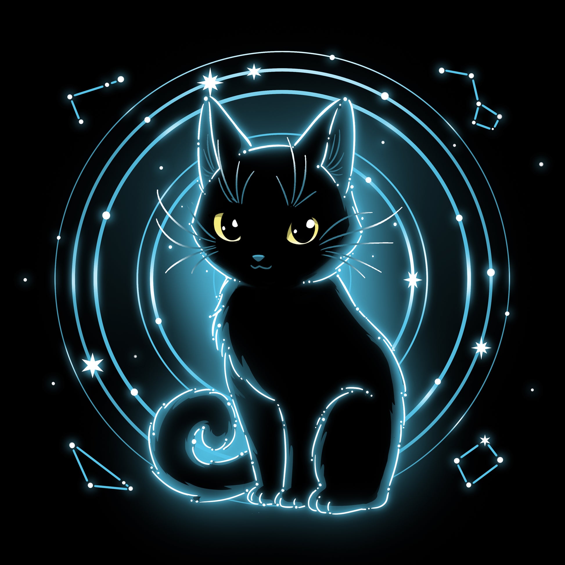 A Celestial Cat sitting on a black background with stars and constellations available on a TeeTurtle tee or t-shirt.