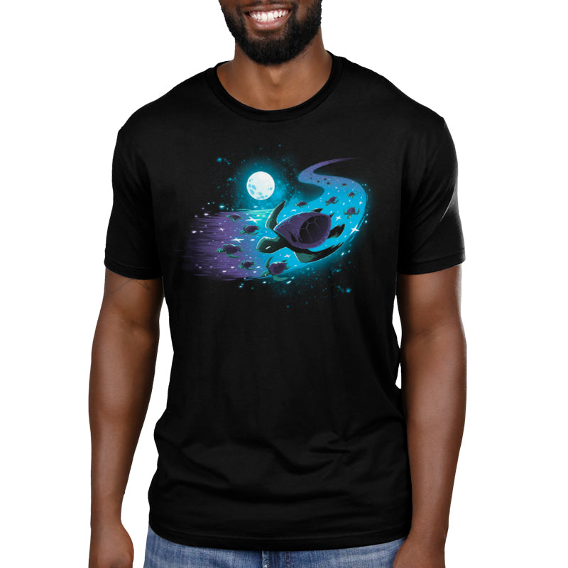 A black men's t-shirt with an image of a spaceship and a moon, inspired by galaxy turtles, called Celestial Current by TeeTurtle.
