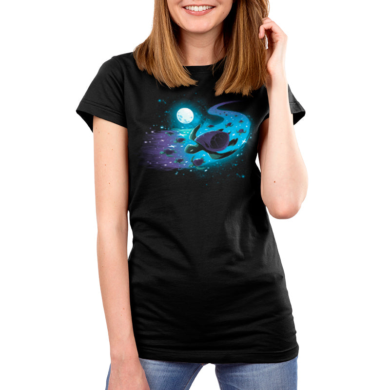 A women's black Celestial Current t-shirt with an image of a moon and stars by TeeTurtle.